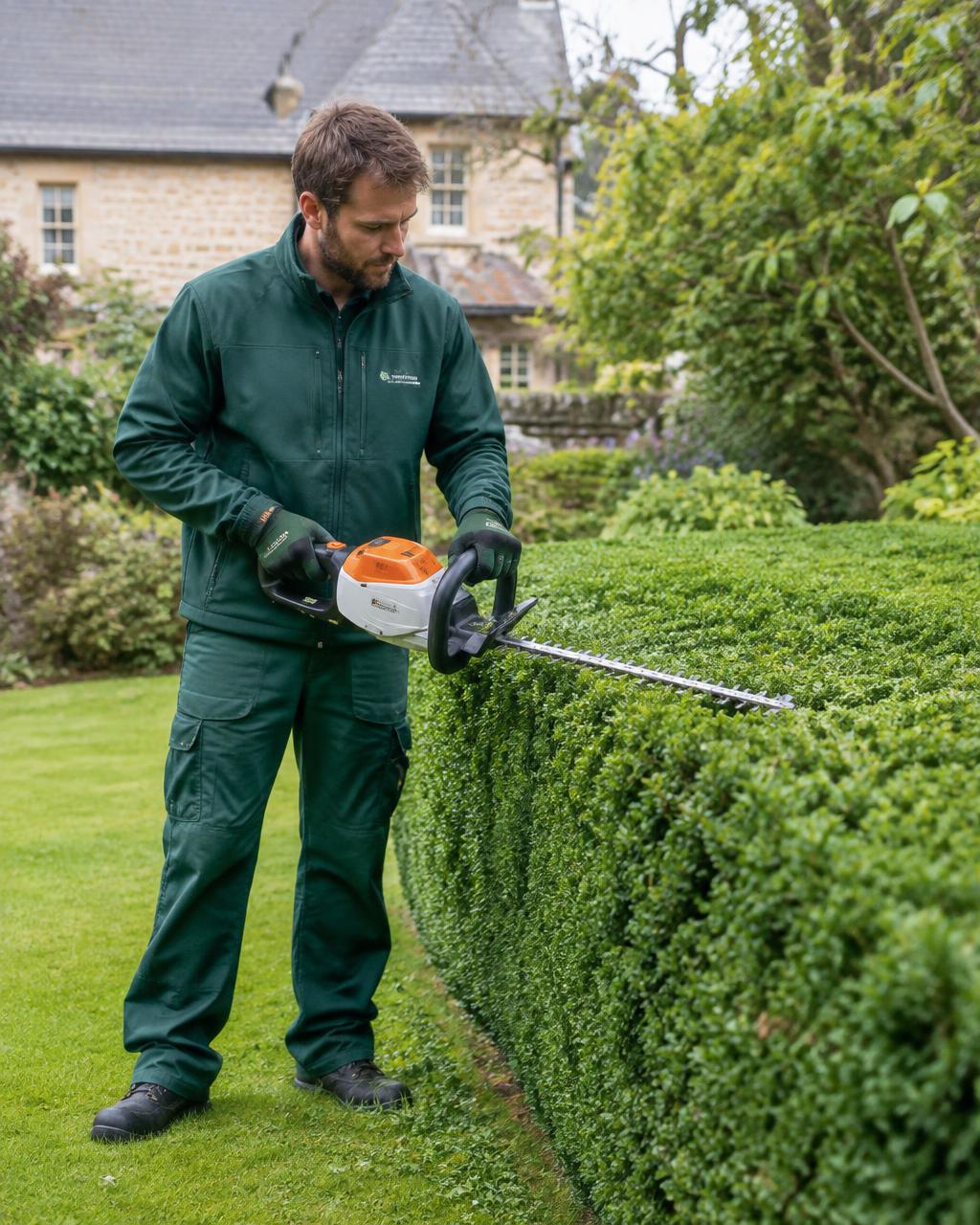 Gardener trimming a neat hedge