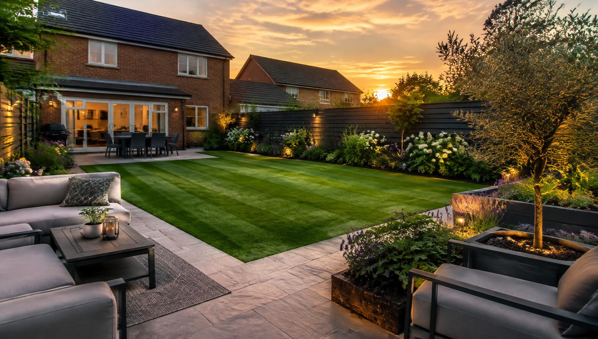 Beautifully maintained British garden with stone patio and striped lawn